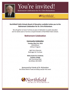 Invitation listing details on the Northfield Superintendent's impending retirement.